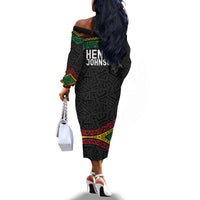 Henry Johnson Black History Month Off The Shoulder Long Sleeve Dress Pan African Colors Tribal Geometric Pattern