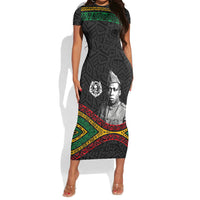Henry Johnson Black History Month Short Sleeve Bodycon Dress Pan African Colors Tribal Geometric Pattern