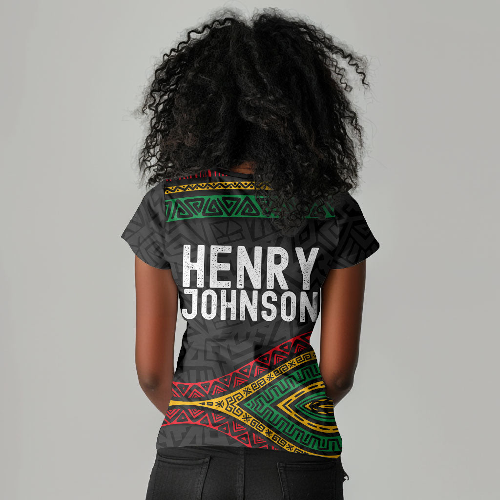 Henry Johnson Black History Month Women V-Neck T-Shirt Pan African Colors Tribal Geometric Pattern