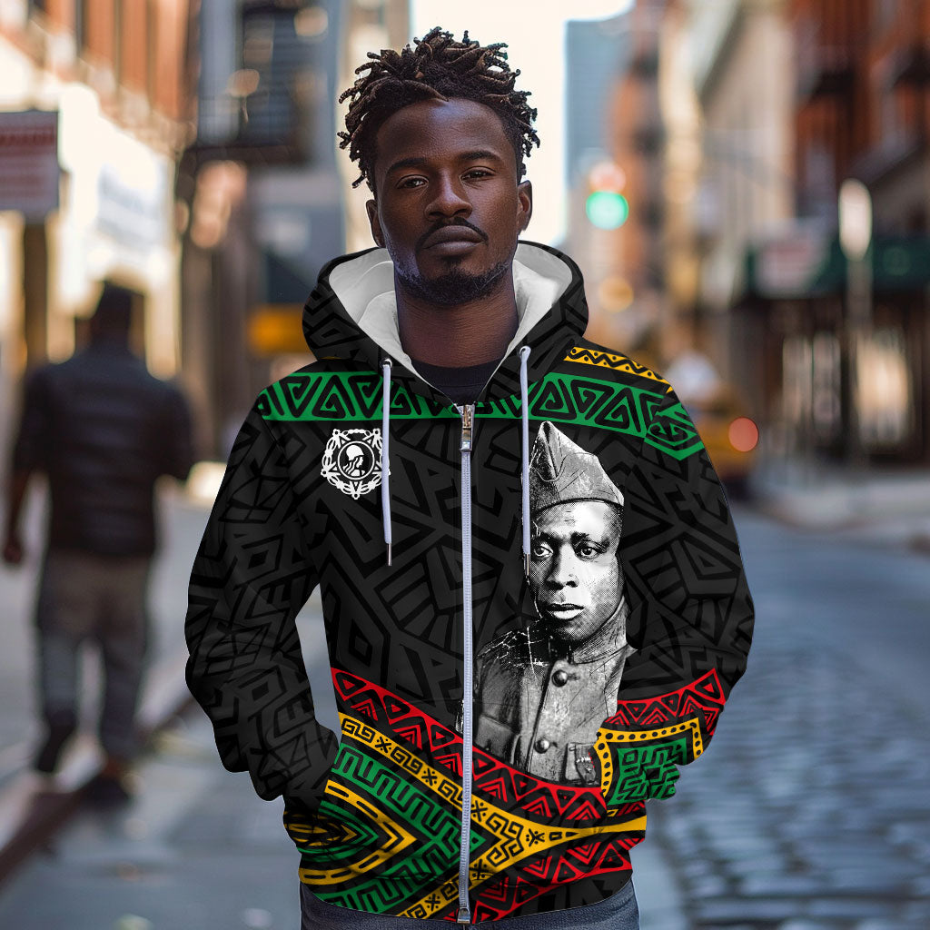 Henry Johnson Black History Month Zip Hoodie Pan African Colors Tribal Geometric Pattern