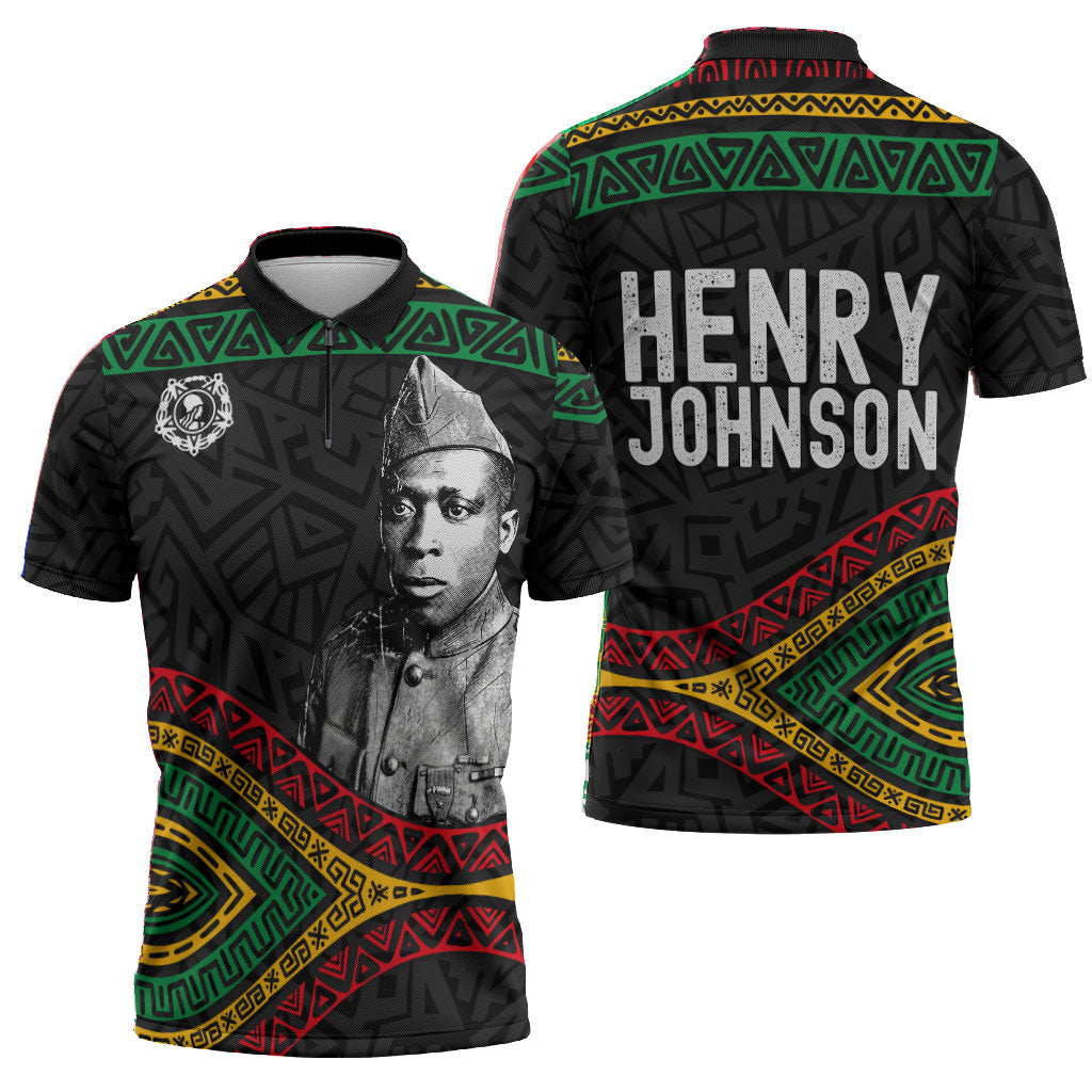 Henry Johnson Black History Month Zipper Polo Shirt Pan African Colors Tribal Geometric Pattern
