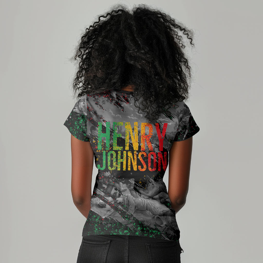 Henry Johnson Black History Month Women V-Neck T-Shirt Harlem Hellfighters Pan African Grunge Art
