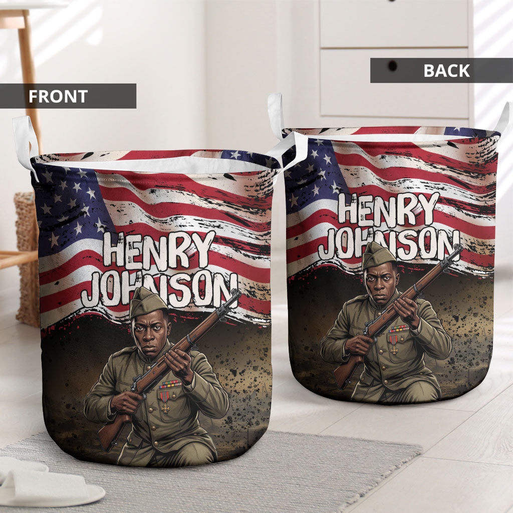 Henry Johnson Black History Month Laundry Basket Distressed US Flag American Hero Portrait