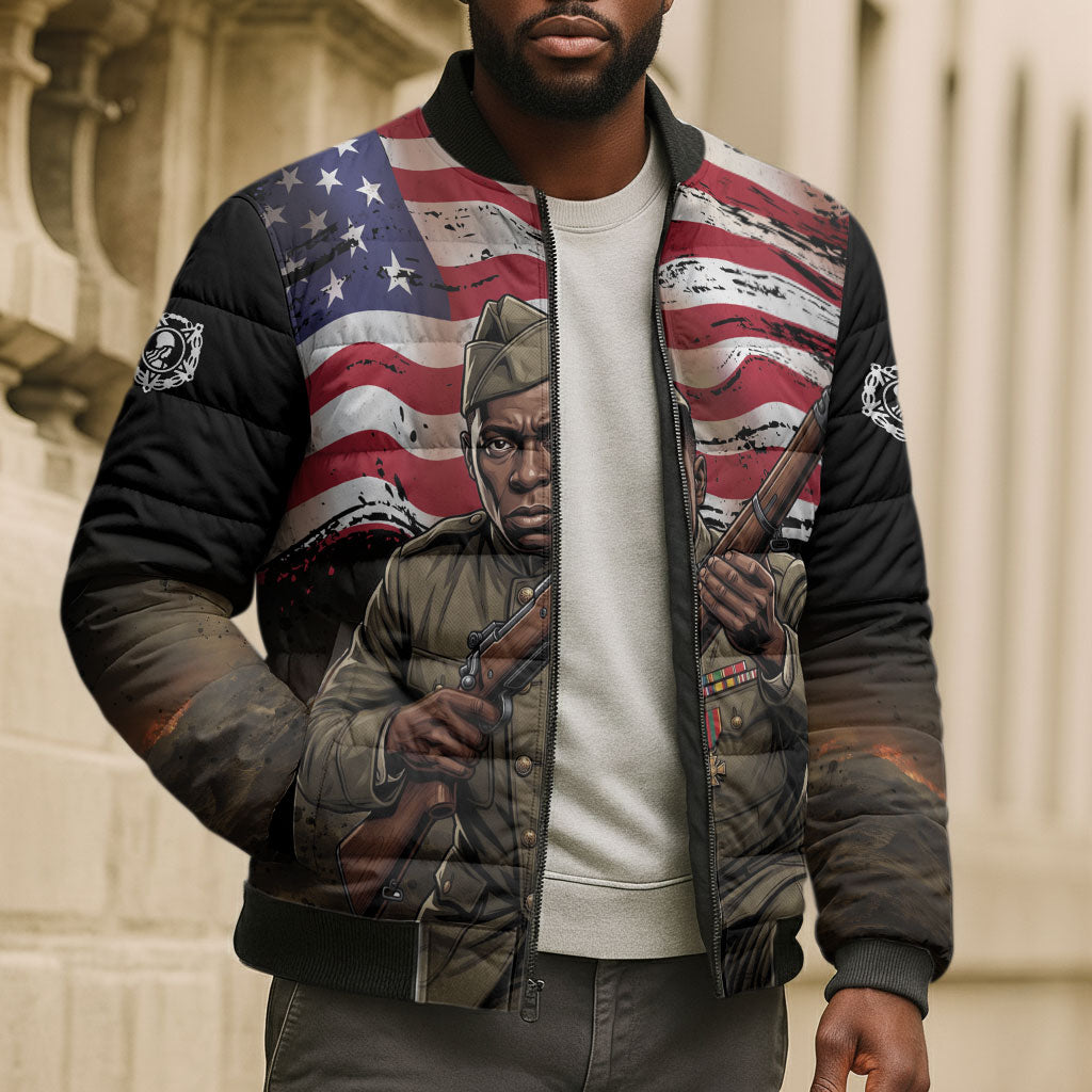 Henry Johnson Black History Month Bomber Puffer Jacket Distressed US Flag American Hero Portrait