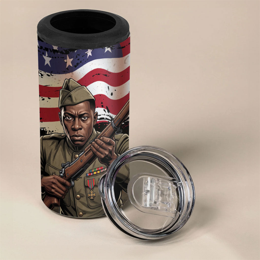 Henry Johnson Black History Month 4 in 1 Can Cooler Tumbler Distressed US Flag American Hero Portrait