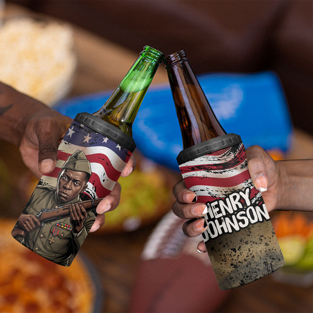 Henry Johnson Black History Month 4 in 1 Can Cooler Tumbler Distressed US Flag American Hero Portrait