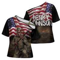 Henry Johnson Black History Month Cross Shoulder Shirt Distressed US Flag American Hero Portrait