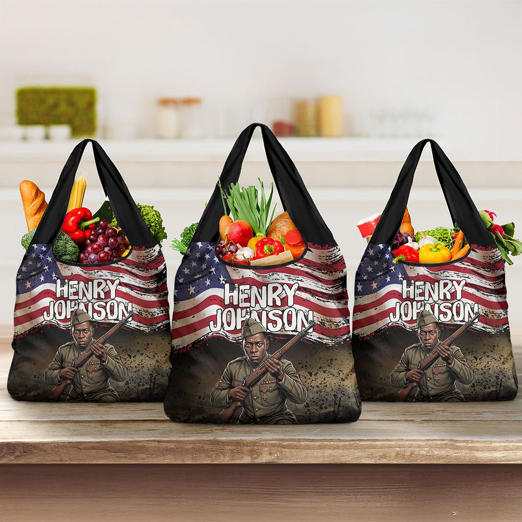 Henry Johnson Black History Month Grocery Bag Distressed US Flag American Hero Portrait