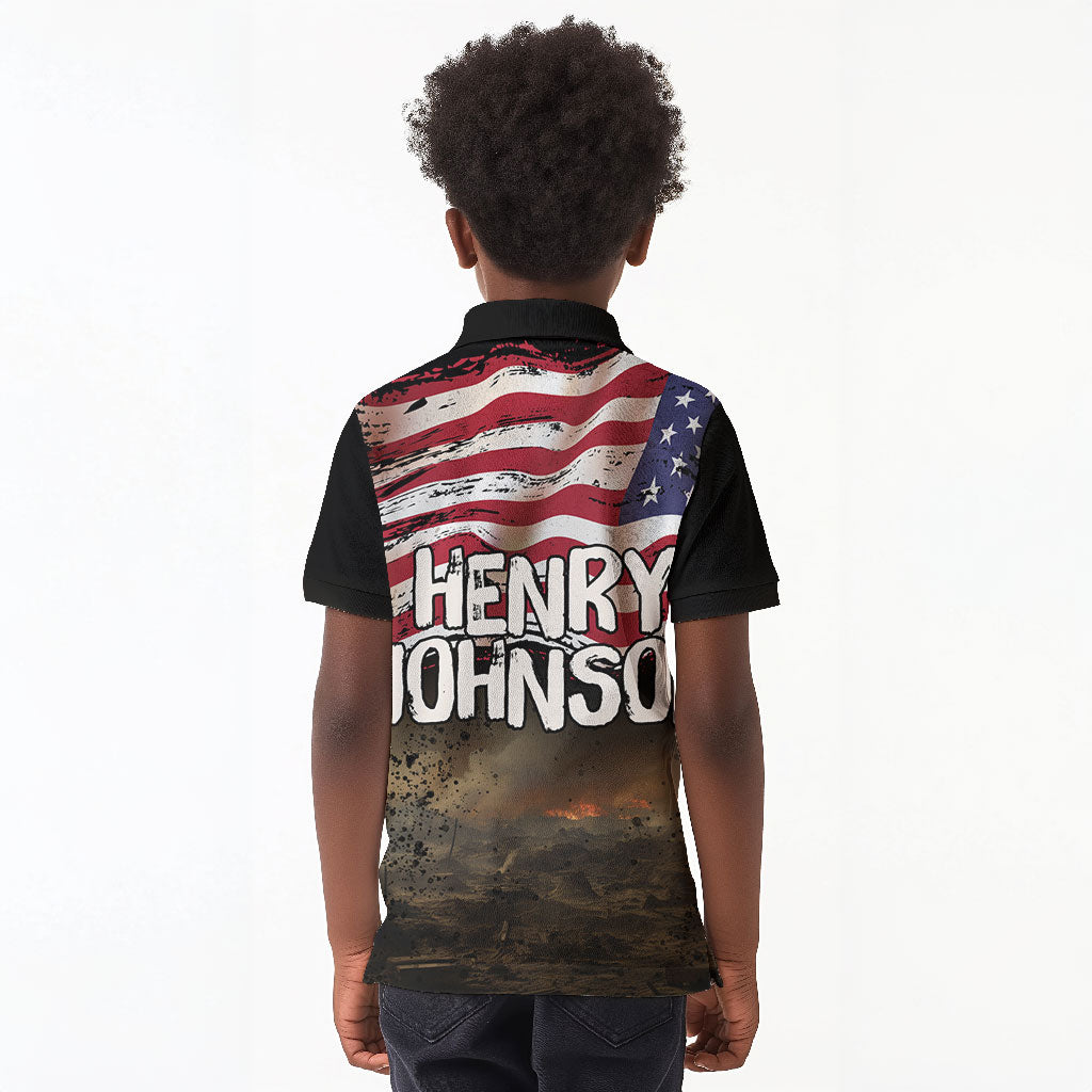 Henry Johnson Black History Month Kid Polo Shirt Distressed US Flag American Hero Portrait