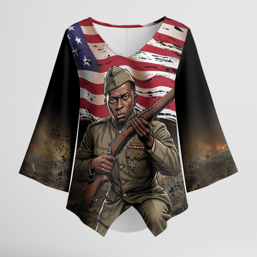 Henry Johnson Black History Month Kimono Sleeve Blouse Distressed US Flag American Hero Portrait