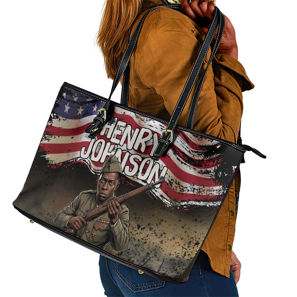 Henry Johnson Black History Month Leather Tote Bag Distressed US Flag American Hero Portrait