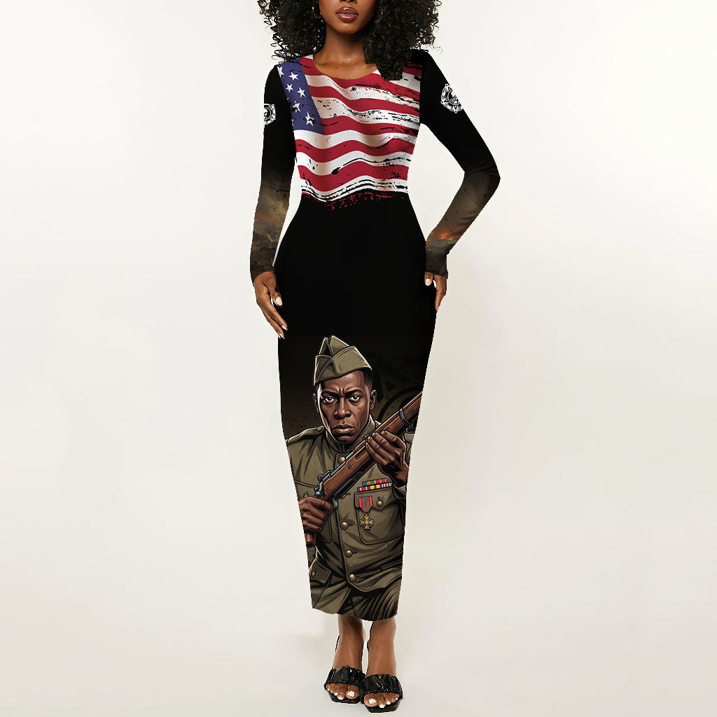 Henry Johnson Black History Month Long Sleeve Bodycon Dress Distressed US Flag American Hero Portrait