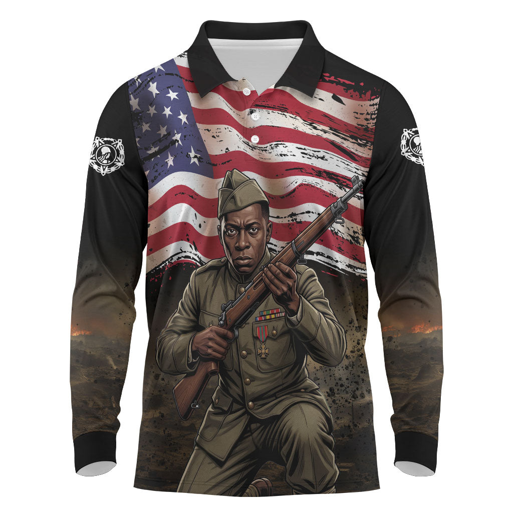 Henry Johnson Black History Month Long Sleeve Polo Shirt Distressed US Flag American Hero Portrait