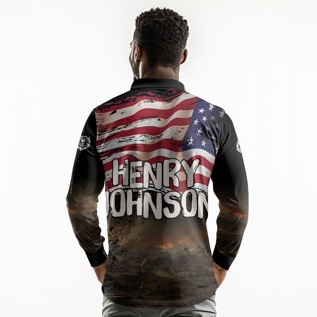 Henry Johnson Black History Month Long Sleeve Polo Shirt Distressed US Flag American Hero Portrait