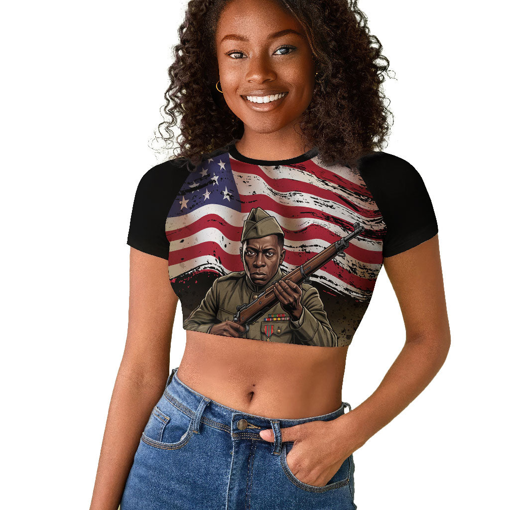 Henry Johnson Black History Month Raglan Cropped T shirt Distressed US Flag American Hero Portrait