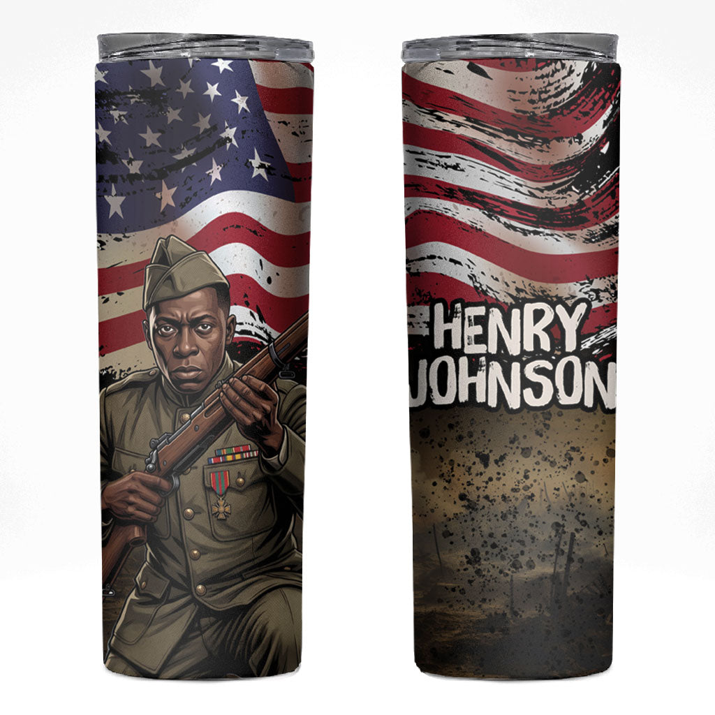 Henry Johnson Black History Month Skinny Tumbler Distressed US Flag American Hero Portrait