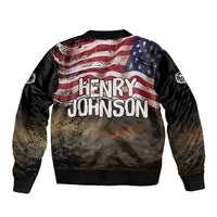 Henry Johnson Black History Month Sleeve Zip Bomber Jacket Distressed US Flag American Hero Portrait