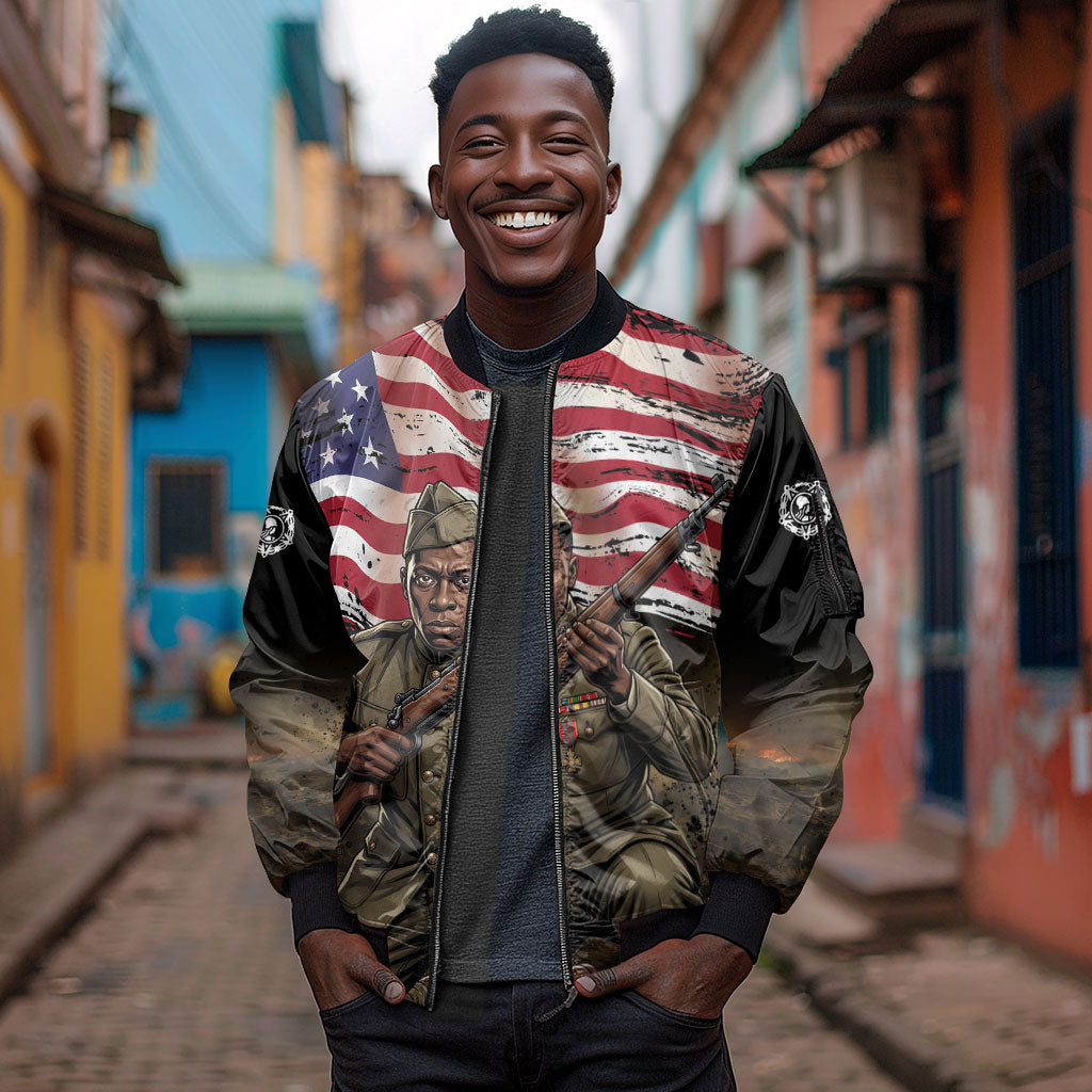 Henry Johnson Black History Month Sleeve Zip Bomber Jacket Distressed US Flag American Hero Portrait