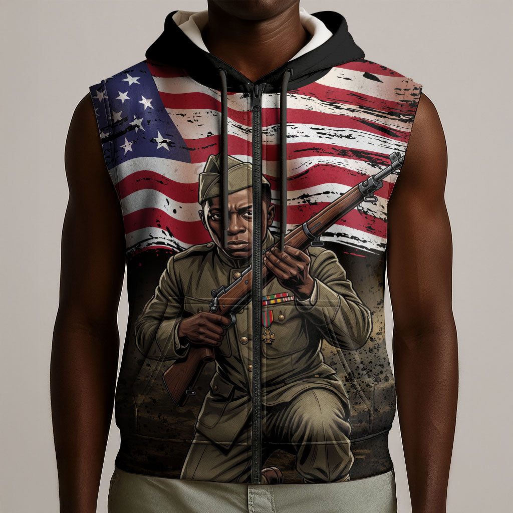Henry Johnson Black History Month Sleeveless Zip Hoodie Distressed US Flag American Hero Portrait