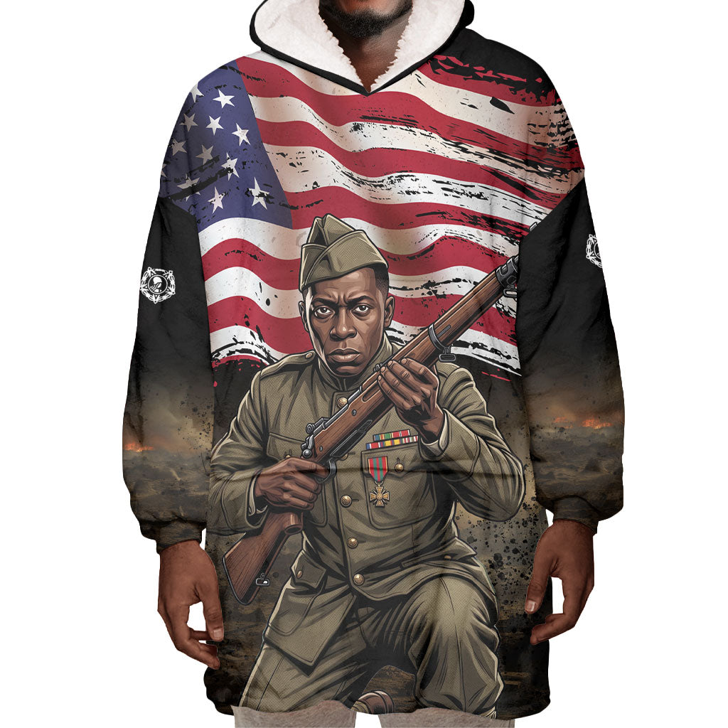 Henry Johnson Black History Month Wearable Blanket Hoodie Distressed US Flag American Hero Portrait