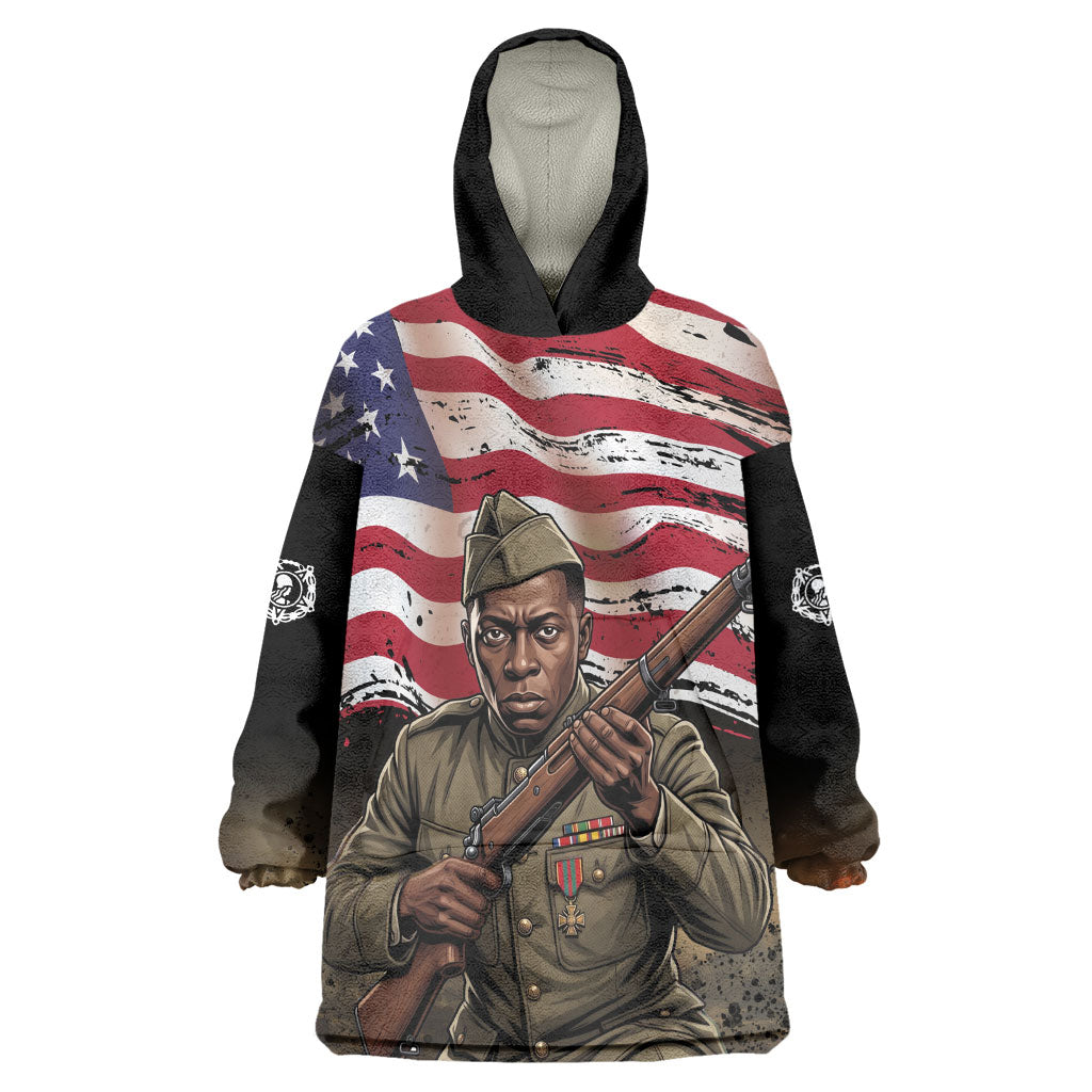 Henry Johnson Black History Month Wearable Blanket Hoodie Distressed US Flag American Hero Portrait