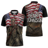 Henry Johnson Black History Month Zipper Polo Shirt Distressed US Flag American Hero Portrait