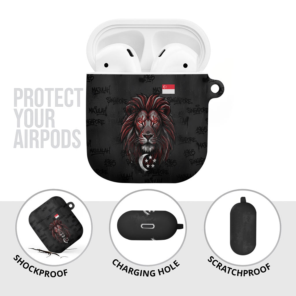 Singapore National Flag Day AirPods Case Lion Tiger Coat Of Arms Grunge Graffiti