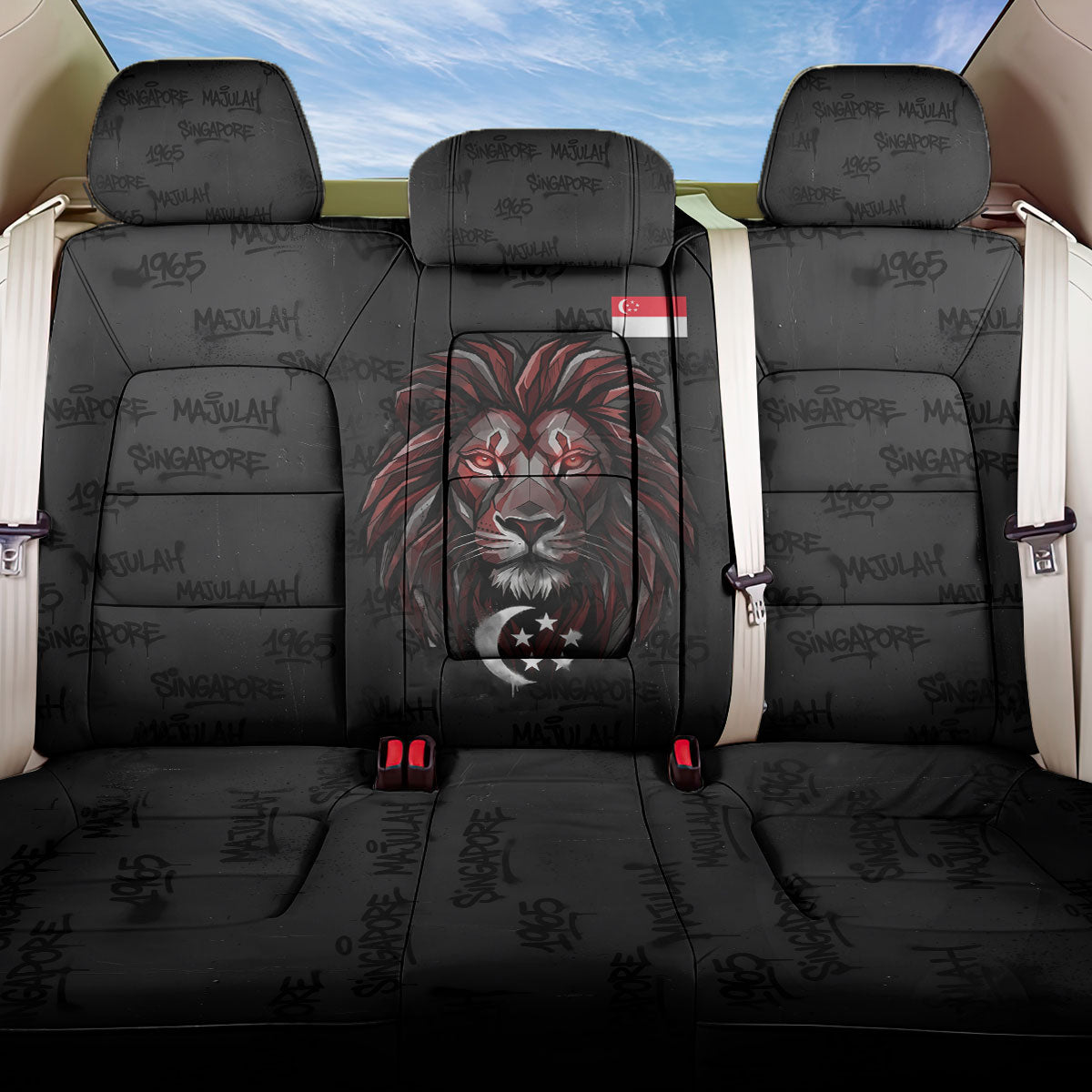 Singapore National Flag Day Back Car Seat Cover Lion Tiger Coat Of Arms Grunge Graffiti