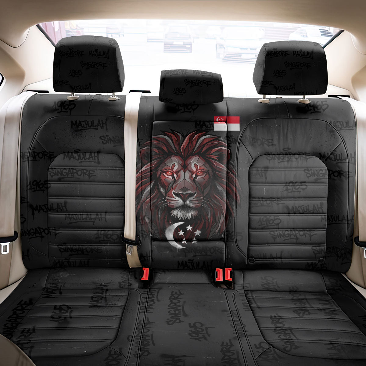 Singapore National Flag Day Back Car Seat Cover Lion Tiger Coat Of Arms Grunge Graffiti