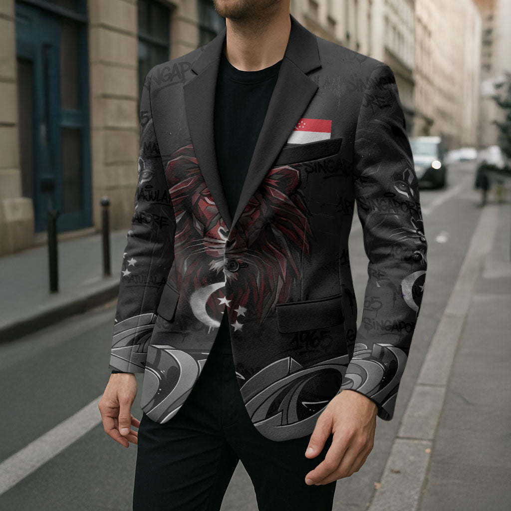 Singapore National Flag Day Blazer Lion Tiger Coat Of Arms Grunge Graffiti