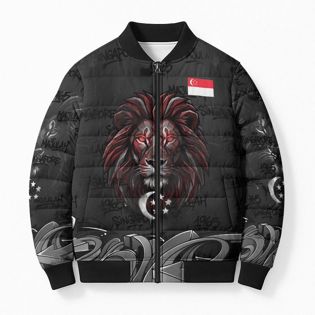 Singapore National Flag Day Bomber Puffer Jacket Lion Tiger Coat Of Arms Grunge Graffiti