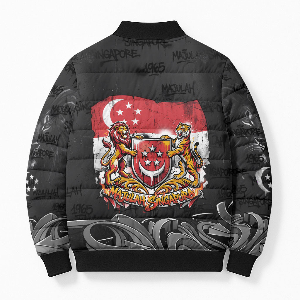 Singapore National Flag Day Bomber Puffer Jacket Lion Tiger Coat Of Arms Grunge Graffiti