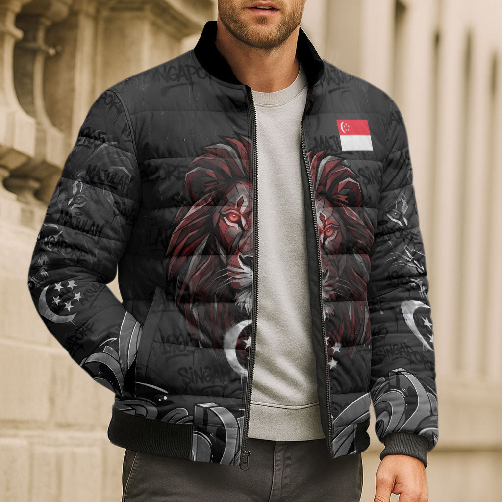 Singapore National Flag Day Bomber Puffer Jacket Lion Tiger Coat Of Arms Grunge Graffiti