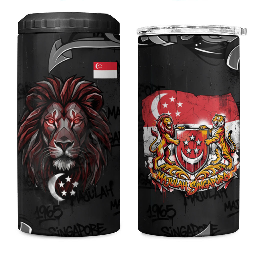 Singapore National Flag Day 4 in 1 Can Cooler Tumbler Lion Tiger Coat Of Arms Grunge Graffiti