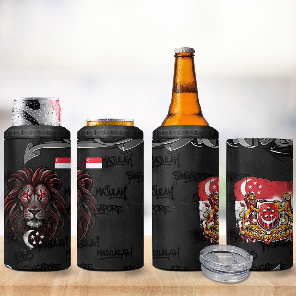 Singapore National Flag Day 4 in 1 Can Cooler Tumbler Lion Tiger Coat Of Arms Grunge Graffiti