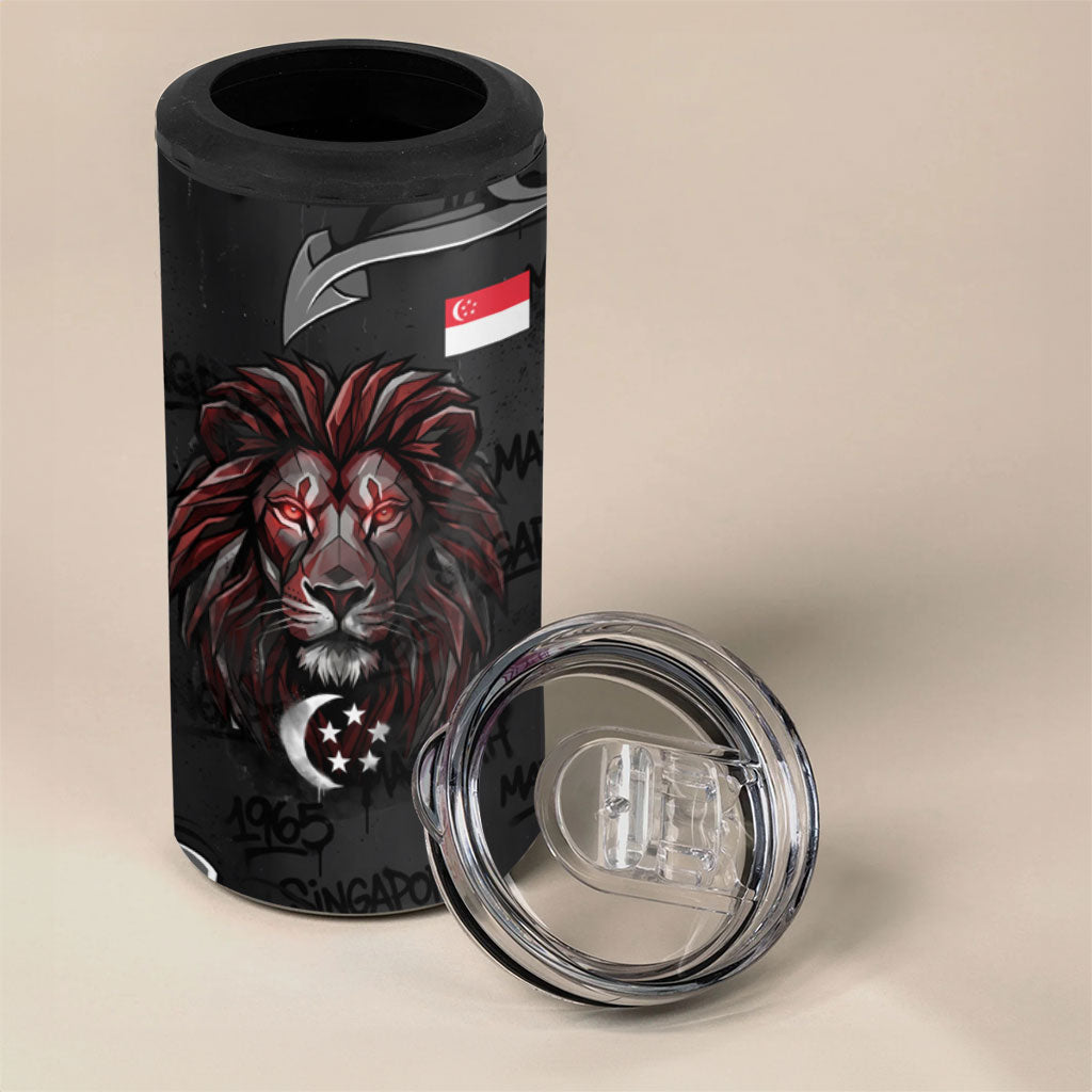 Singapore National Flag Day 4 in 1 Can Cooler Tumbler Lion Tiger Coat Of Arms Grunge Graffiti