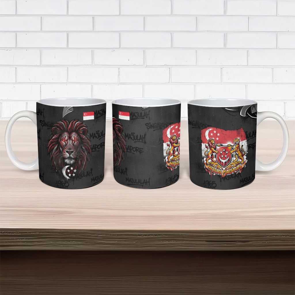 Singapore National Flag Day Ceramic Mug Lion Tiger Coat Of Arms Grunge Graffiti