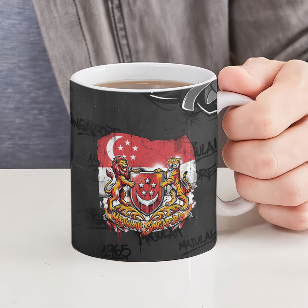 Singapore National Flag Day Ceramic Mug Lion Tiger Coat Of Arms Grunge Graffiti