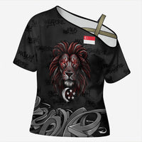 Singapore National Flag Day Cross Shoulder Shirt Lion Tiger Coat Of Arms Grunge Graffiti