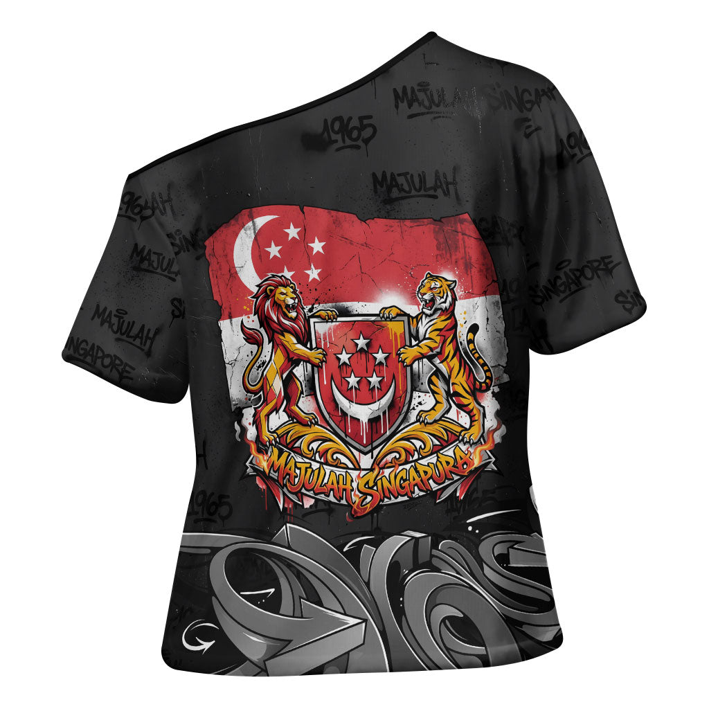 Singapore National Flag Day Cross Shoulder Shirt Lion Tiger Coat Of Arms Grunge Graffiti