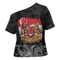 Singapore National Flag Day Cross Shoulder Shirt Lion Tiger Coat Of Arms Grunge Graffiti