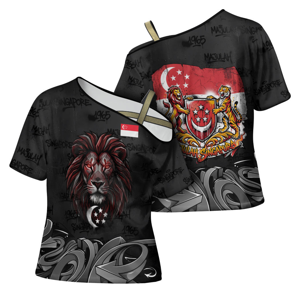 Singapore National Flag Day Cross Shoulder Shirt Lion Tiger Coat Of Arms Grunge Graffiti