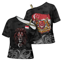 Singapore National Flag Day Cross Shoulder Shirt Lion Tiger Coat Of Arms Grunge Graffiti