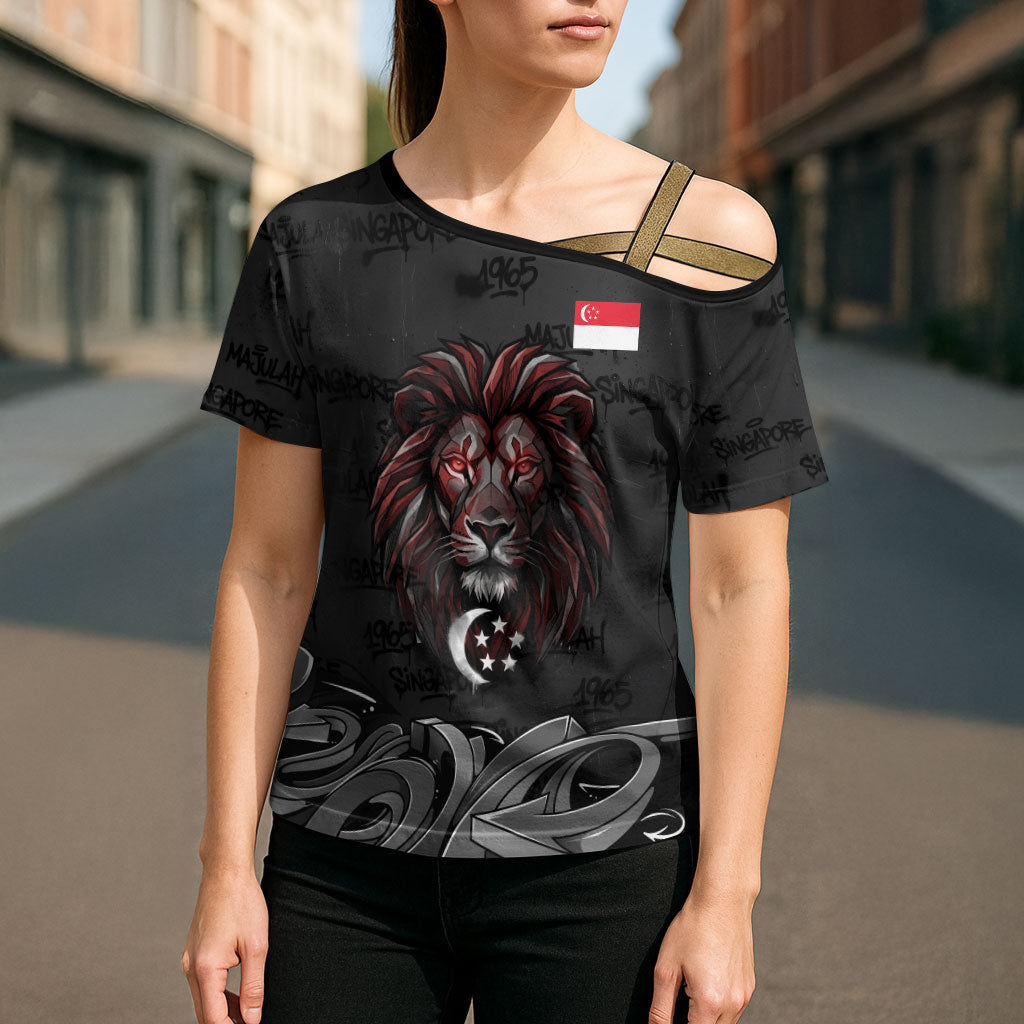 Singapore National Flag Day Cross Shoulder Shirt Lion Tiger Coat Of Arms Grunge Graffiti