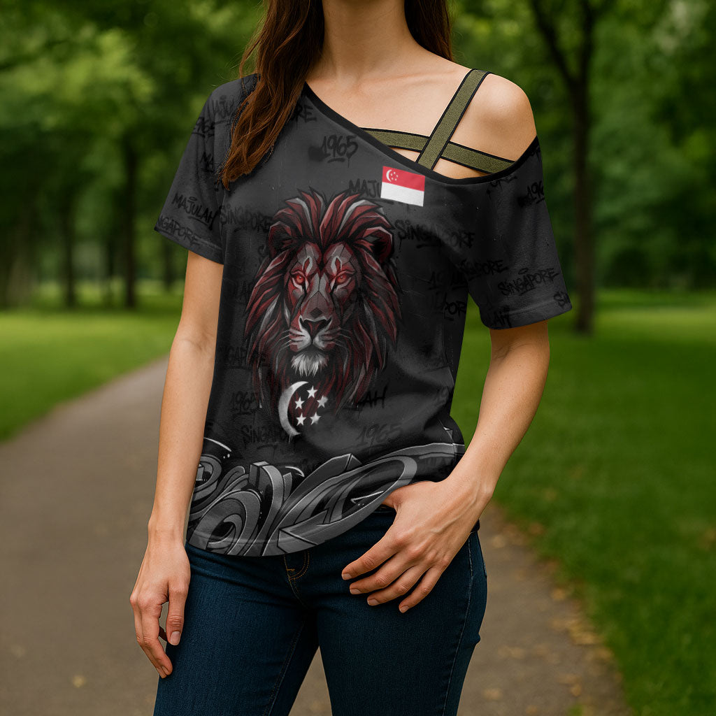 Singapore National Flag Day Cross Shoulder Shirt Lion Tiger Coat Of Arms Grunge Graffiti