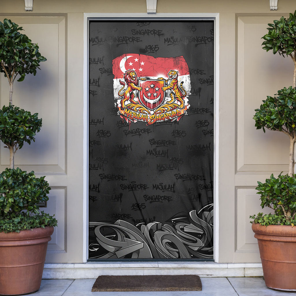 Singapore National Flag Day Door Cover Lion Tiger Coat Of Arms Grunge Graffiti