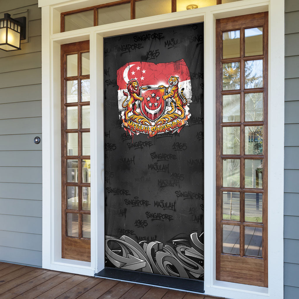 Singapore National Flag Day Door Cover Lion Tiger Coat Of Arms Grunge Graffiti