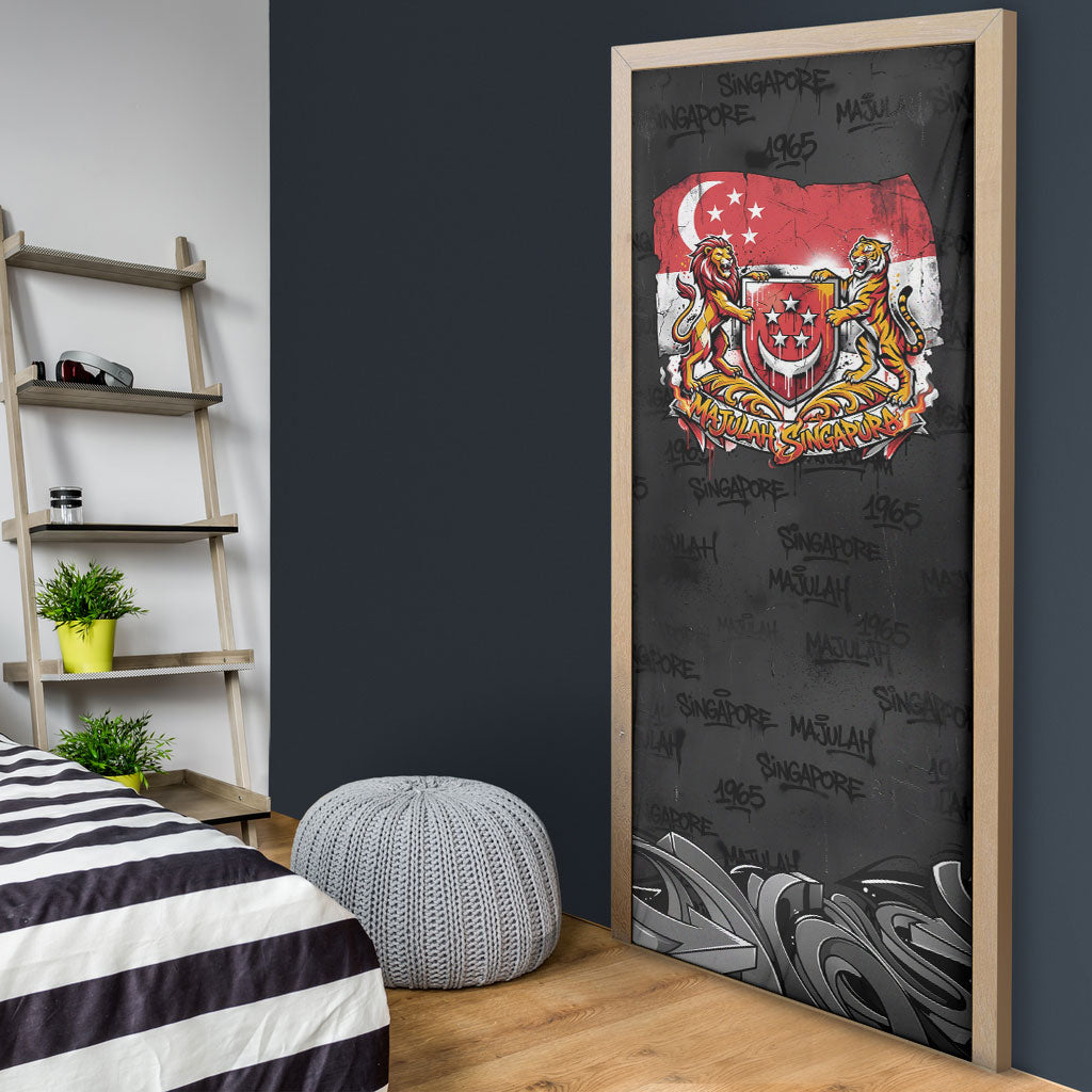 Singapore National Flag Day Door Cover Lion Tiger Coat Of Arms Grunge Graffiti
