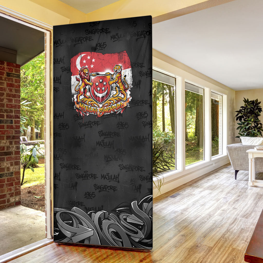 Singapore National Flag Day Door Cover Lion Tiger Coat Of Arms Grunge Graffiti