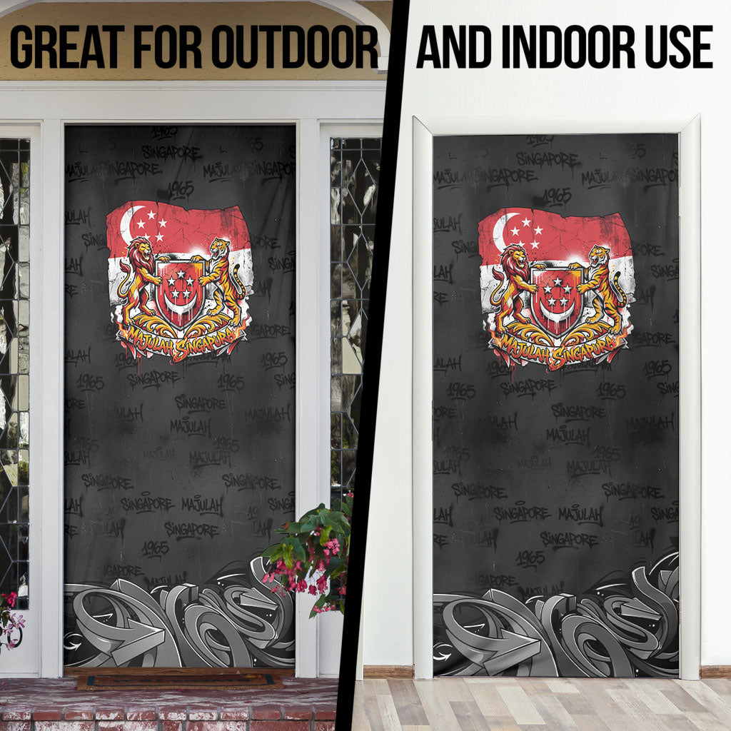 Singapore National Flag Day Door Cover Lion Tiger Coat Of Arms Grunge Graffiti